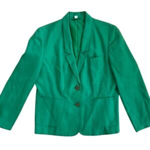 Women Vintage Emerald 2 Button Linen Blazer Size 12 Petite Retro Chic Tailored